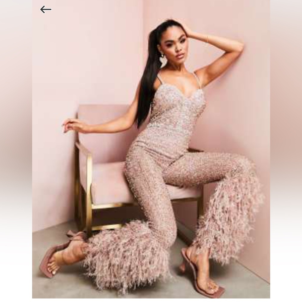 Elegant Feathered Jumpsuit in Pink